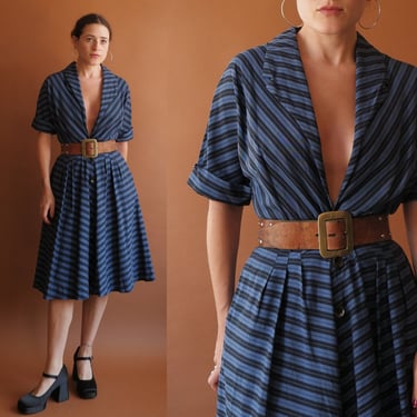 Vintage 50s Plunging Neckline New Look Striped Dress/ 1950s Blue and Black Low Cut Dress/ Size Medium 28 