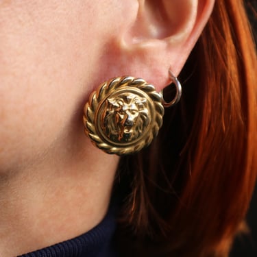 LIONS Head EARRINGs / Vintage Faux Gold Costume Jewelry / Loin Earrings 