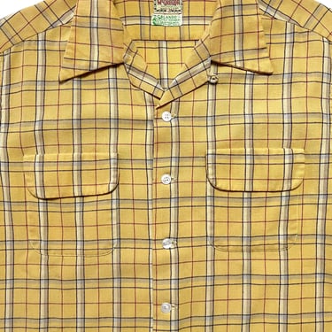 Vintage 1950s MCGREGOR Wool Flannel Sport Shirt ~  L ~ Plaid ~ Flap Pockets ~ Loop / Camp Collar ~ Made in USA 