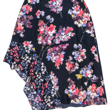Lewit - Navy w/ Multicolor Floral Print Silk Asymmetrical Midi Skirt Sz 14
