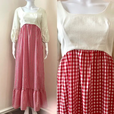 Early 70’s Long Dress with Red and White Checked Skirt Boho Prairie Style 