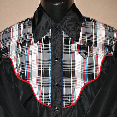 Vintage Retro Unbranded Western Men's Cowboy Shirt, Rockabilly, Black with Plaid Yokes & Cuffs, Approx. Small (see meas. photo) 