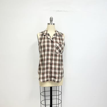 Vintage 80s Sleeveless Plaid Blouse | Red and Green on Cream | Size Medium 