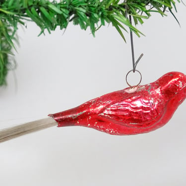 Vintage 1940's Mercury Glass Bird Christmas  Ornament with Spun Glass Tail, Antique Molded Glass 