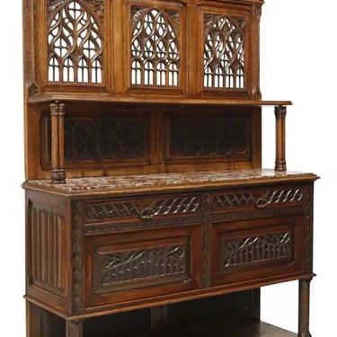 Antique Sideboard, French Gothic Revival, Marble-Top, Carved Oak , 19th C, 1800s