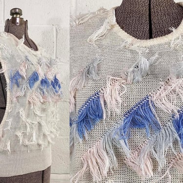 Vintage Sleeveless Tassel Sweater Naomi Bee Open Sides Tank Funky Fun 80s 1980s Pastel White Knit Small 