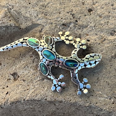 Vintage Sterling Silver Dot Gecko Lizard with Abalone Pin / Brooch / Pendant 