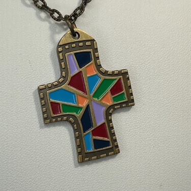 Cross Pendant Necklace Stained Glass Effect Bible Verse Reversible Vintage Retro 