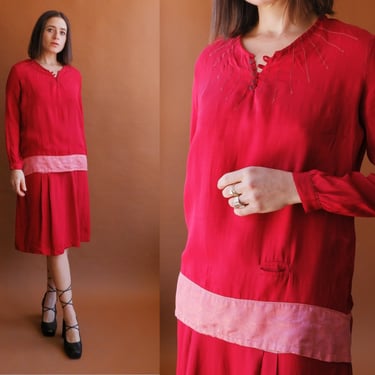 Vintage 20s Raspberry Silk Drop Waist Long Sleeve Dress/ 1920s Flapper Gatsby Dress/ Size Medium 