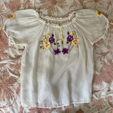 Vintage 1930s 1940s Parachute Rayon Peasant Blouse Embroidered Flowers Dress Top
