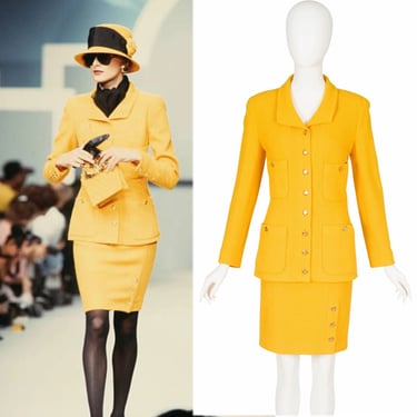 Chanel 1989 S/S Vintage Canary Yellow Wool Tweed Skirt Suit Sz XS 