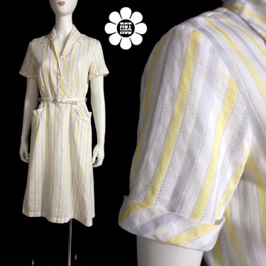 Sassy Vintage 60s Pastel Yellow, Gray, White Stripe Day Dress with Pockets 