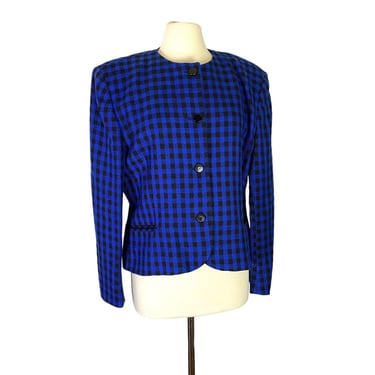Vintage Rena Rowan Royal Blue Black 100% Wool Buffalo Check Plaid Blazer Jacket 