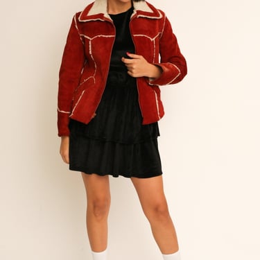 Vintage 1970s 70s Brick Red Suede Jacket Coat w/ Contrast Shearling Piping // Rounded Collar 