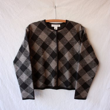 90s Jones New York Brown Checkered Merino Wool Cropped Cardigan Sweater Size S / M 
