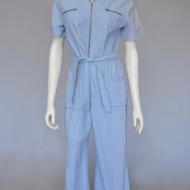 1970s blue wide leg jumpsuit with belt XS-M 