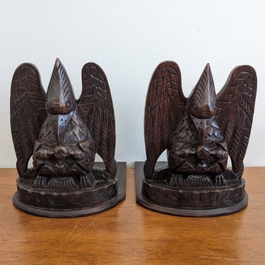 Two Antique German Handcarved Wooden Gothic Bird Feeding Babies Bookends 