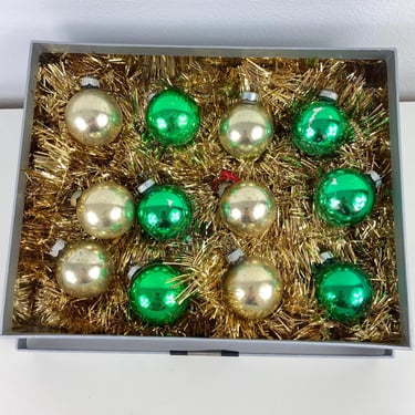 Vintage Green & Gold Christmas Ornament Set of 12, Small Mercury Glass 1.75" Balls, Old Christmas Tree Ornaments, Metallic Luxury Baubles 