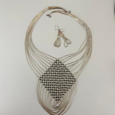 Liquid Silver Navajo Weaved Necklace & Earrings Signed 