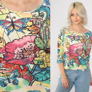 90s Sequin Butterfly Blouse Flower Print T-Shirt Sparkly Botanical 3/4 Sleeve Top 1990s Vintage Floral Baby Tee Small S 