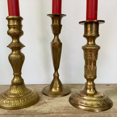 Vintage Brass Candle Stick Holders, Solid Brass, Made In India, 3 Mismatched Candleholders, Bohemian, Mantel Decor, Dining Table 