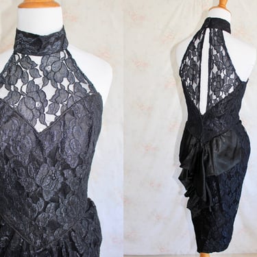 Vintage 80s Black Lace Dress, 1980s Party Dress, Halter Dress, Low Back, Sheer, Ruffles, Goth, Pin Up 