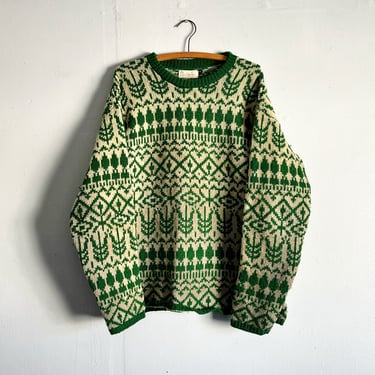 Vintage 70s 80s Green and White Fashio Bar Knit Winter Christmas Sweater size L 