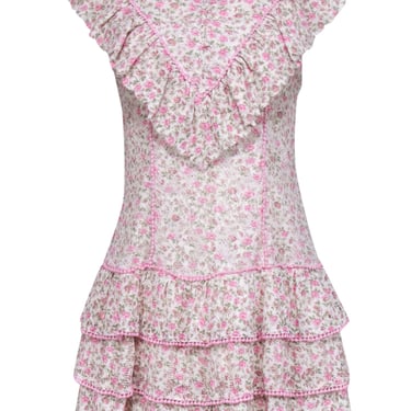 LoveShackFancy - Ivory &amp; Pink Floral Print Eyelet Lace Mini Dress Sz 6