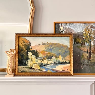 Vintage Impressionist Oil Painting Riverscape Fall Landscape 