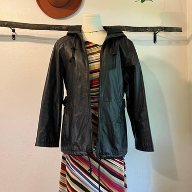 Vintage 90s Wilsons Black Genuine Leather Zip Up Hooded Jacket Size Small 