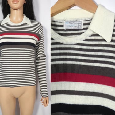 Vintage 70s Unisex Striped Collared Pullover Sweater Size Child Large 16-18 Or Womens XS 