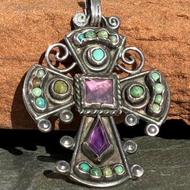 MATL ~ Vintage Midcentury Mexico Sterling Silver and Stone Cross Pendant with Amethyst Center 