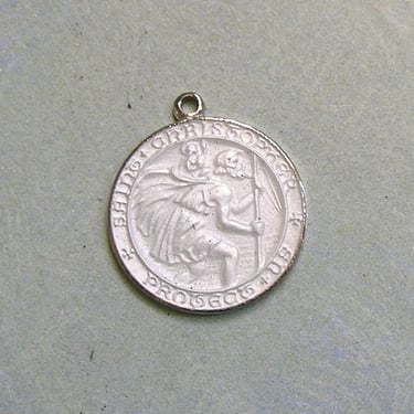 Vintage Sterling and White Enamel Saint Christopher Pendant, Old St. Christopher Medal (#4311) 