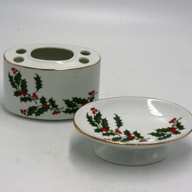 vintage Ceramic Holly Berry Soap Dish and Toothbrush Holder Made in Japan 