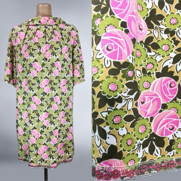 VINTAGE 60s Pink and Green Floral Mod Mini Shift Dress with Balloon sleeves | 1960s Colorful Art Print Tent Dress | VFG 