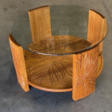 Restored Midcentury Hand Carved Palm Pattern Koa Wood Coffee Table w/ Glass Top 