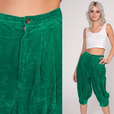 Green Corduroy Knickerbockers 70s Harem Pants Breeches Britches High Waisted Rise Trousers Pleated Cropped Vintage 1970s Extra Small xs 25 