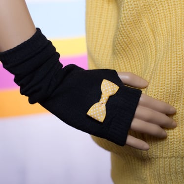 Black Arm Warmers with A Yellow Bow / Fingerless Gloves 