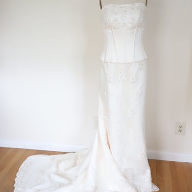 90s Oleg Cassini Floral Embroidered Two Piece Corset Bridal Gown