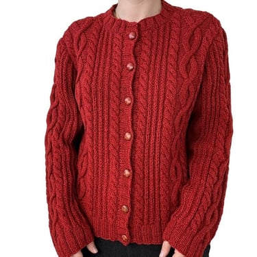 Vintage Womens Red Handknit 100% Wool Irish Cable Oversized Preppy Cardigan Sz M 