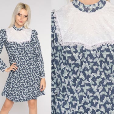 Puff Sleeve Butterfly Dress 70s Mini Dress Blue White LACE Bib Dress Boho Shift Dress Hippie 1970s Vintage Bohemian Minidress Medium 