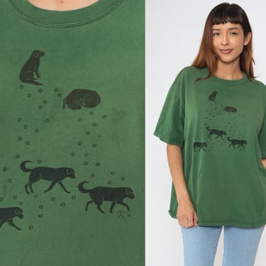 90s Dog T Shirt Green Graphic Tee Paw Print TShirt Vintage Retro Tee Shirt Crewneck Jerzees Cotton Extra Large XL 