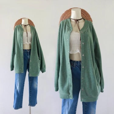 oversized fleece sweatshirt jacket - vintage 90s y2k green womens soft light lightweight bomber long sleeve with pockets 