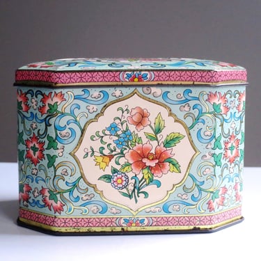 Mid Century Daher Floral Tin Canister,  Hinged Storage Box, Vintage Floral Kitchen Biscuit Container 