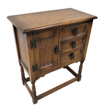 Gothic Furniture | Vintage English Oak Small Gothic Storage Cabinet With Wrought Iron Pulls 