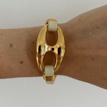 Gold Mariner Link & Cream Leather Bracelet