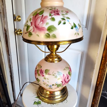 VINTAGE Pink Rose  Lamp, Hand Painted Rose Floral Hurricane Glass, GWTW Style, Farmhouse Decoration 