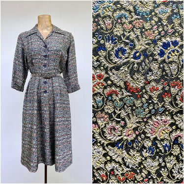 Vintage 1940s Floral Brocade Shirtwaist Dress, 40s' Frock with A-line Paneled Skirt, Small to Medium, VFG 