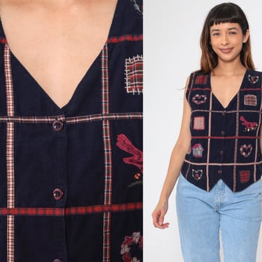 90s Corduroy Vest Patchwork Bird Plaid Patch Heart Top Country Teacher Vest Button up Sleeveless Vintage 1990s Navy Blue Medium 