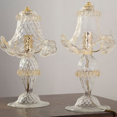 Set of 2 Clear Murano glass table lamp with artistic gold leaf decoration, handmade Made in Italy 